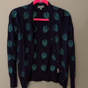 ModCloth Navy Cardigan with Teal Leaf Design